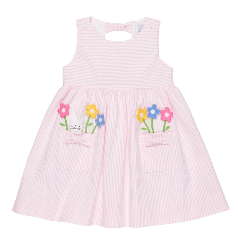Florence Eiseman Toddler Seersucker Sleeveless Dress Jumper w/ Flowers & Bunny